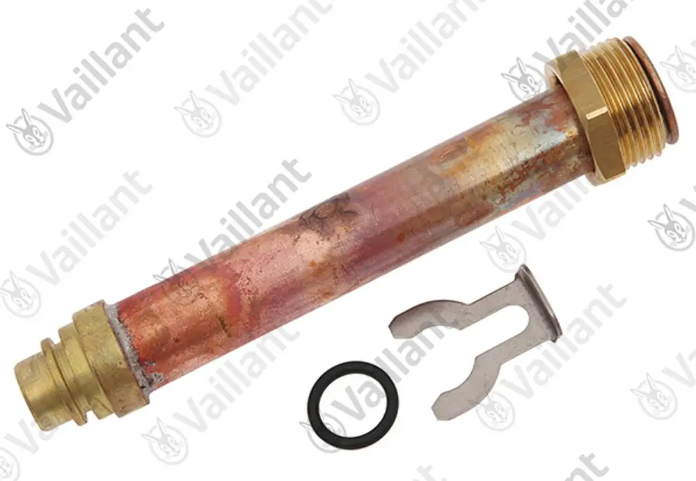 Vaillant Rohr aus Kupfer mit Metallgewinde und einem O-Ring sowie einem Sicherungsclip, geeignet für Heizungsinstallationen.